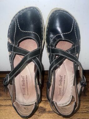 Josef Seibel Black Leather Mary Jane Cross-Strap Clogs